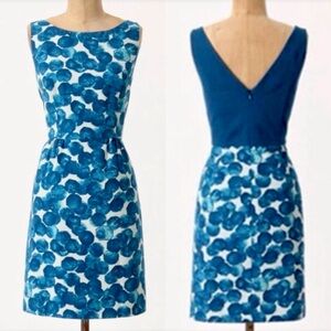 ANTHROPOLOGIE Tabitha Water Color Dots Sheath Dress, Blue Turquoise White -Sz 10